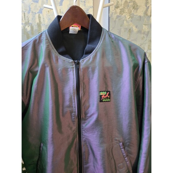 Vintage Surf Style Jacket Mens Sz L Iridescent Purple Y2K Retro Full Zip Bomber - Picture 2 of 14